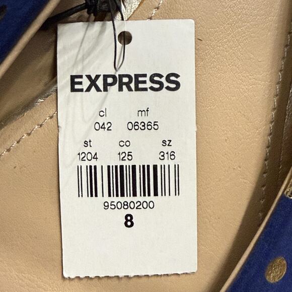 Express Shoes Womens Size 8 Royal Blue Pointed Toe Flats Gold Polka Dot Slip On - Picture 6 of 7